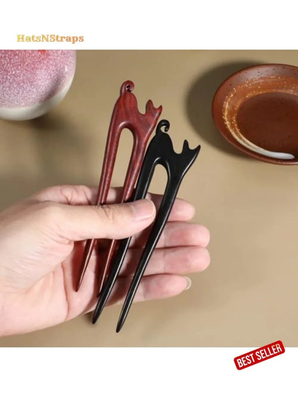 Handmade Carved Wood Hair Sticks French Hair Forks Cat Design U-Shape 2-Prong